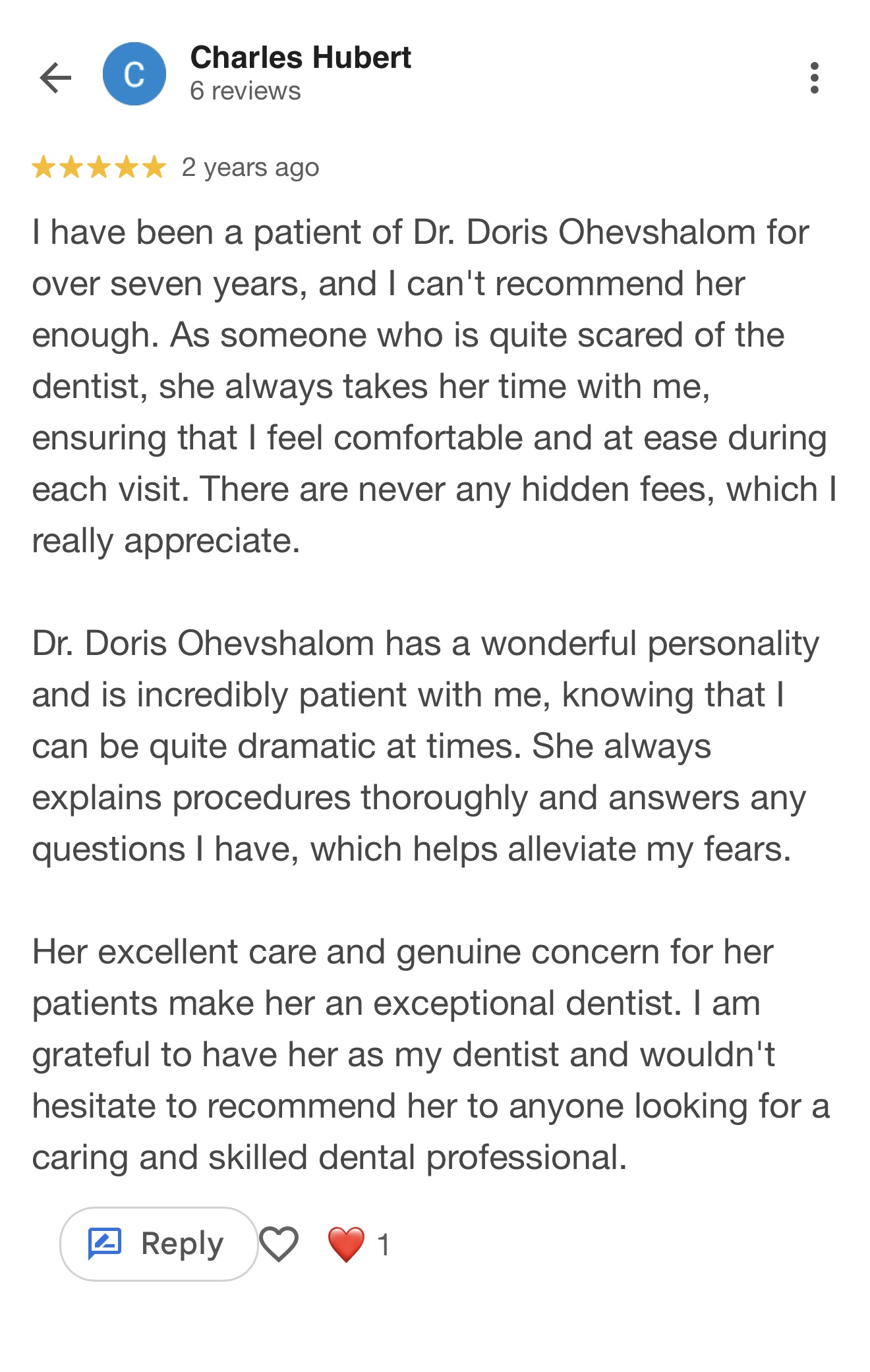 5-star Google review for Shalom Dental