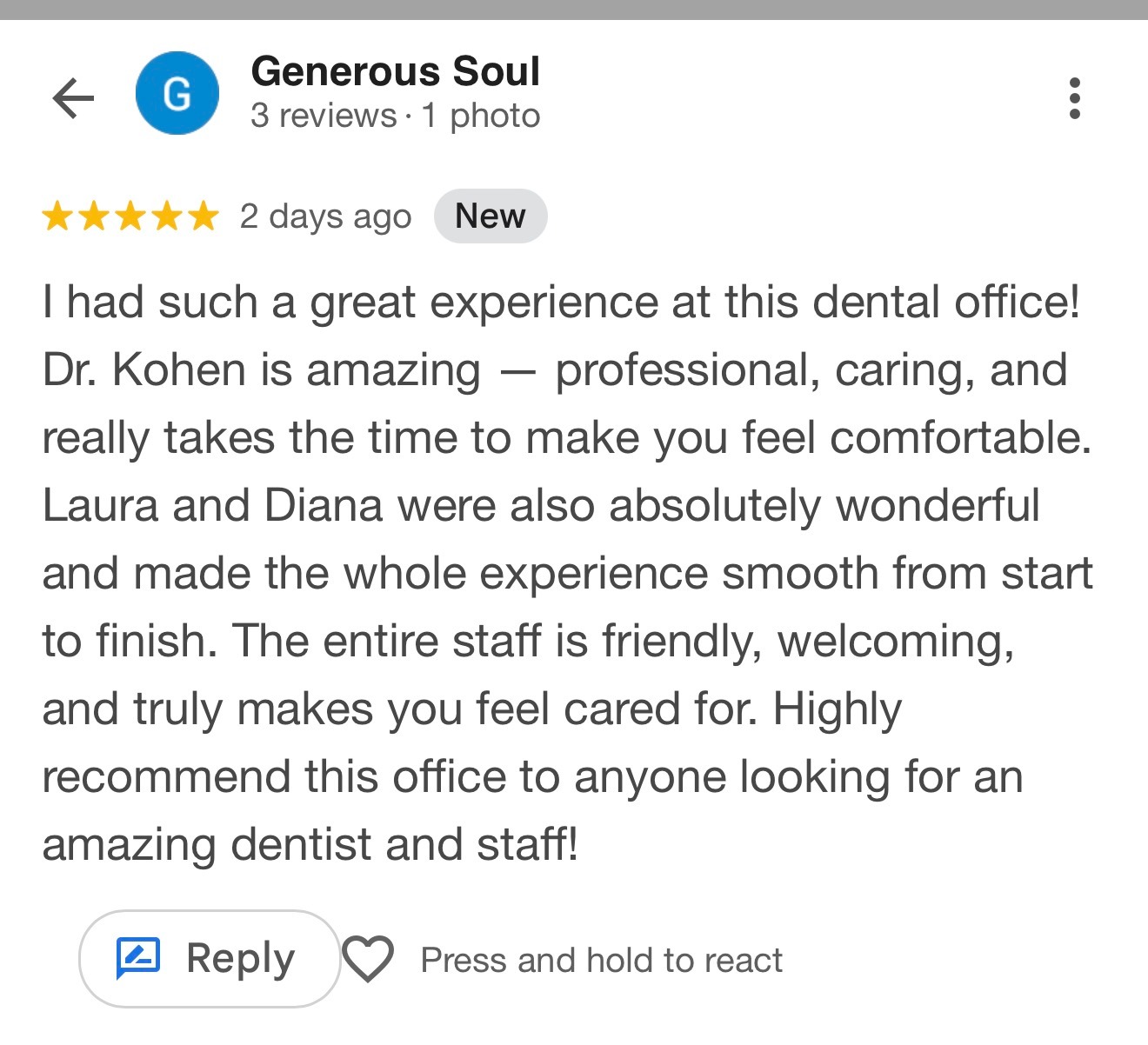 5-star Google review for Shalom Dental