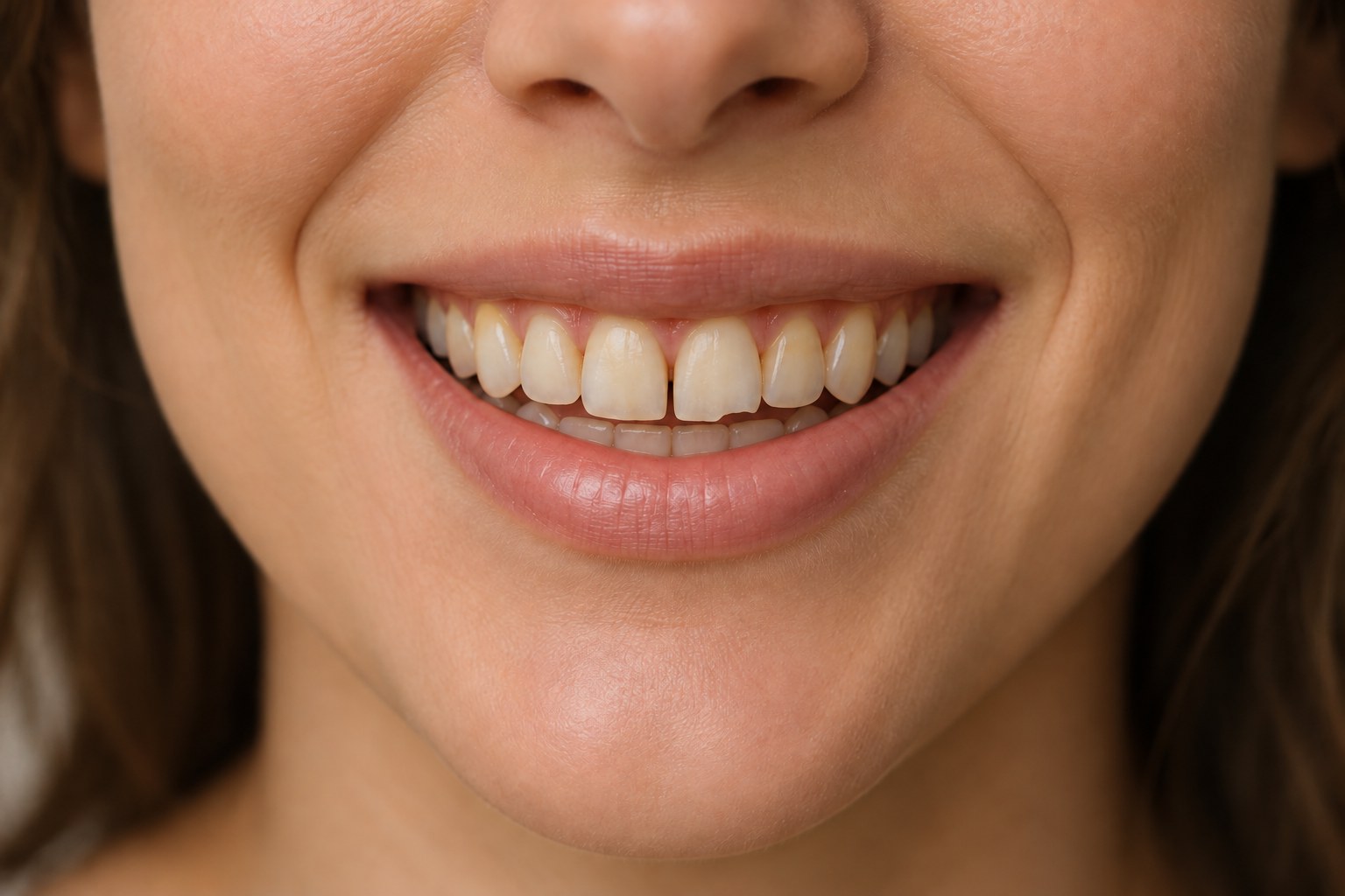 Illustrative close-up smile with stained, chipped and uneven teeth