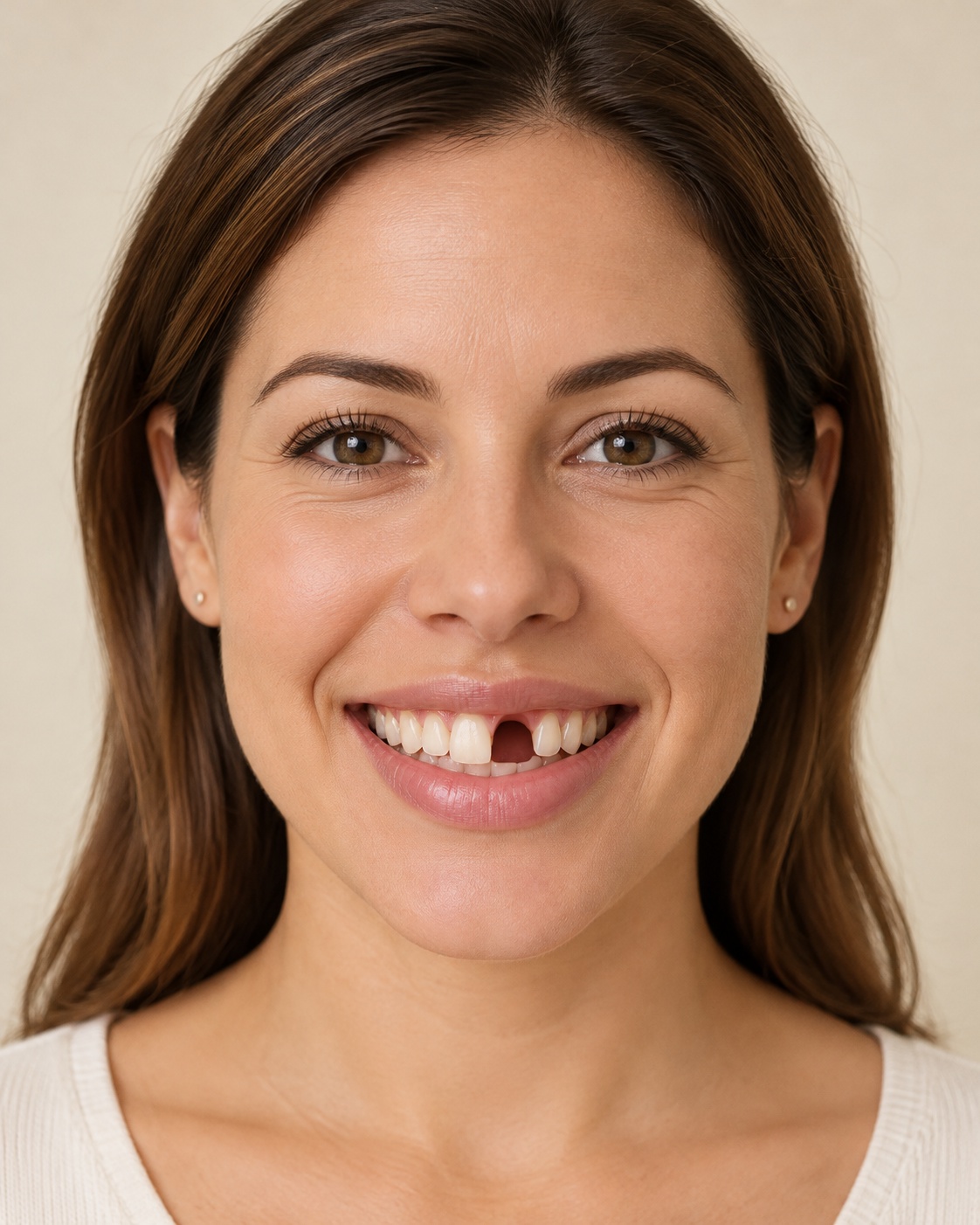 Illustrative full face with a missing upper front tooth